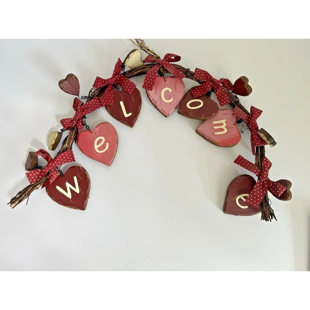 Vtg Hand Painted Heart wood hanging door decor WELCOME 80s 90s cottage valentine - Picture 5 of 5